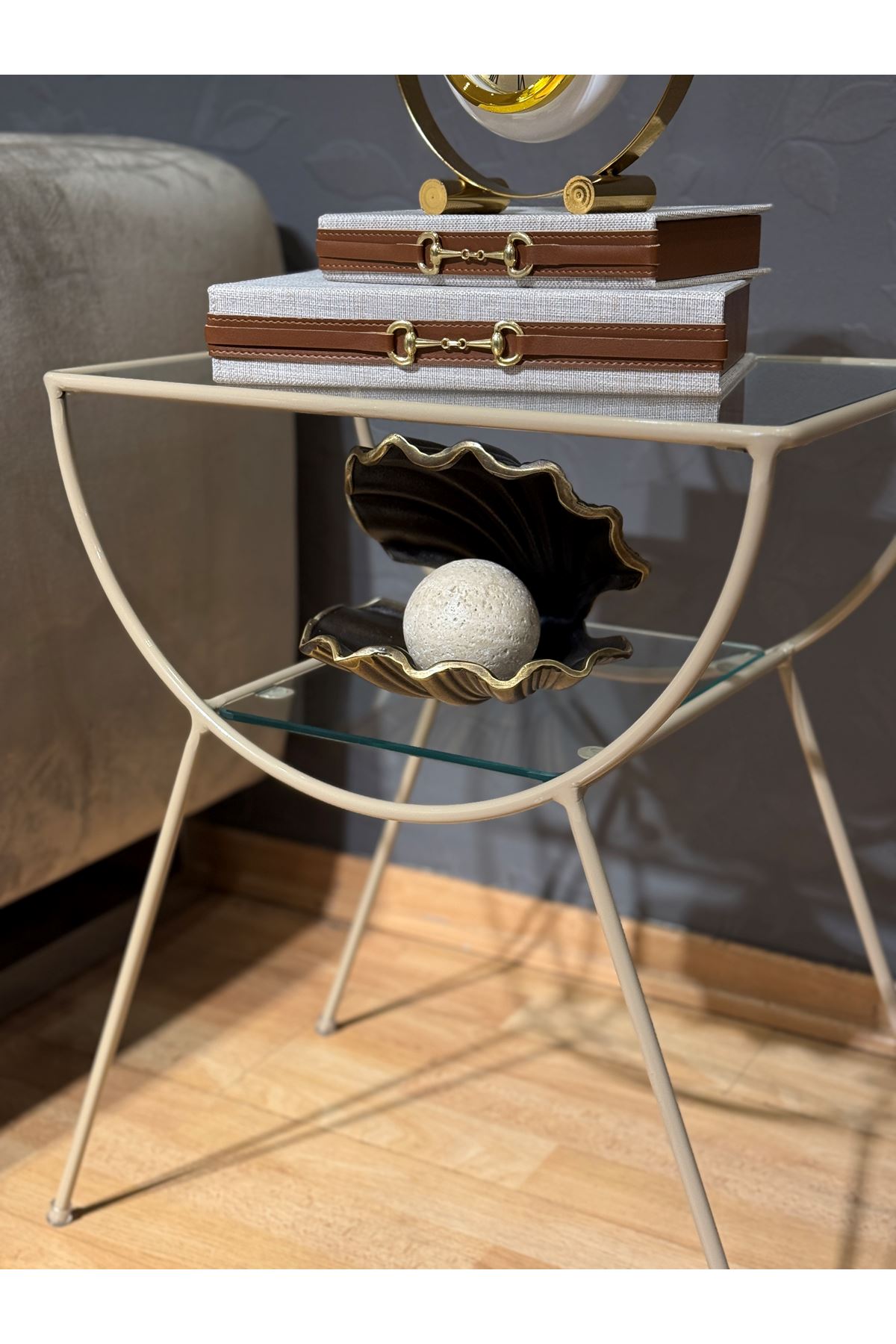 Pars Metal Camlı Yan Sehpa Krem-Şeffaf