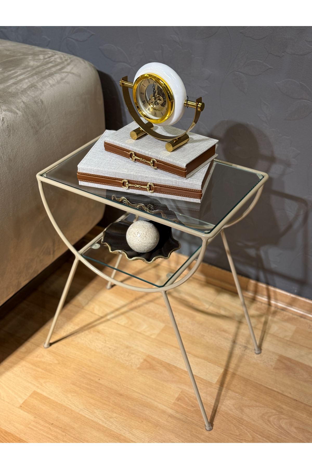 Pars Metal Camlı Yan Sehpa Krem-Şeffaf