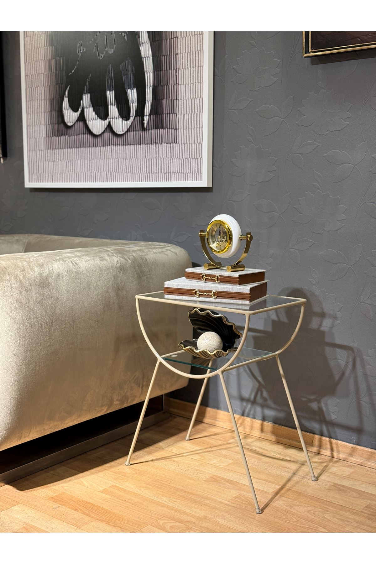 Pars Metal Camlı Yan Sehpa Krem-Şeffaf