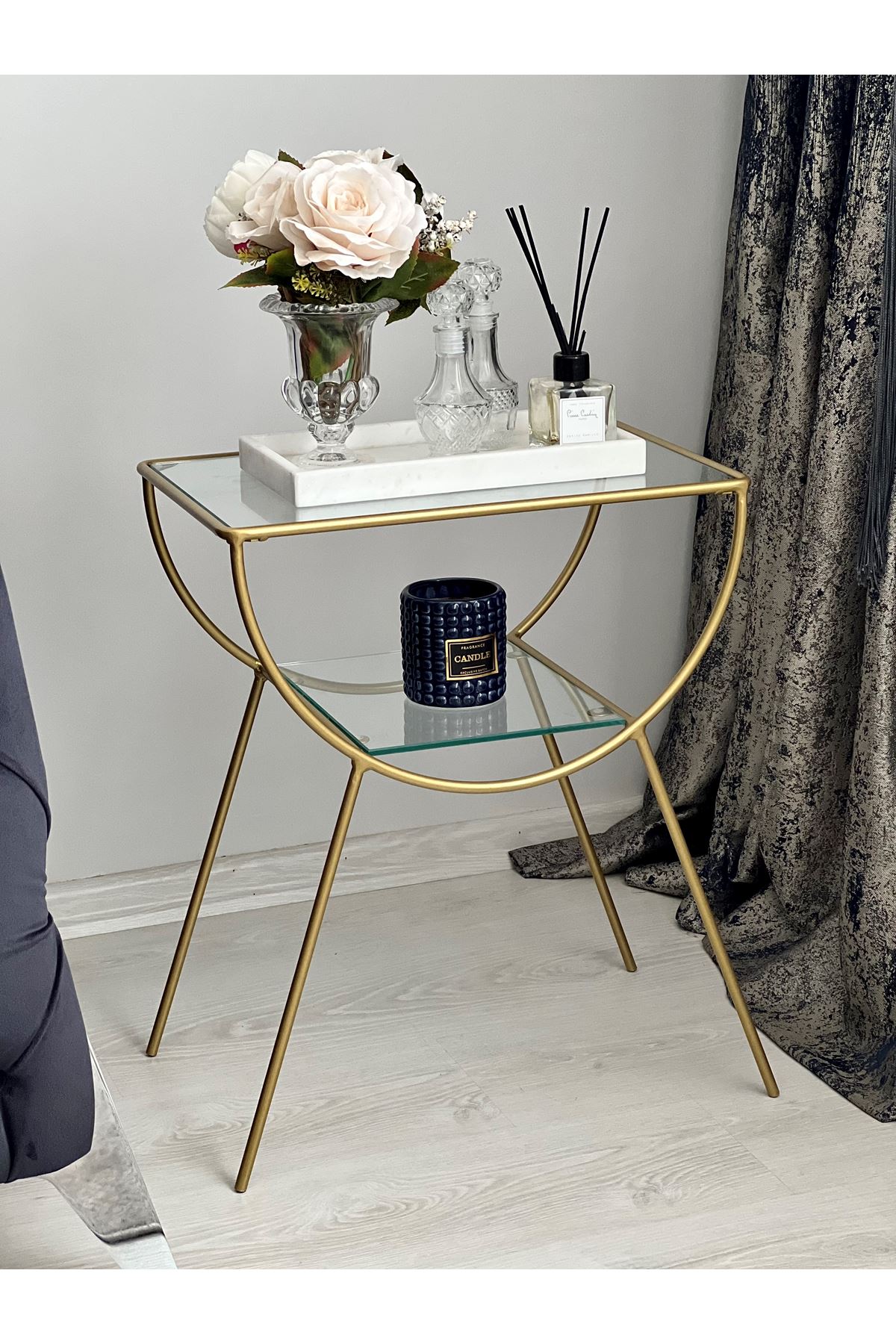 Pars Metal Camlı Yan Sehpa Gold-bronz