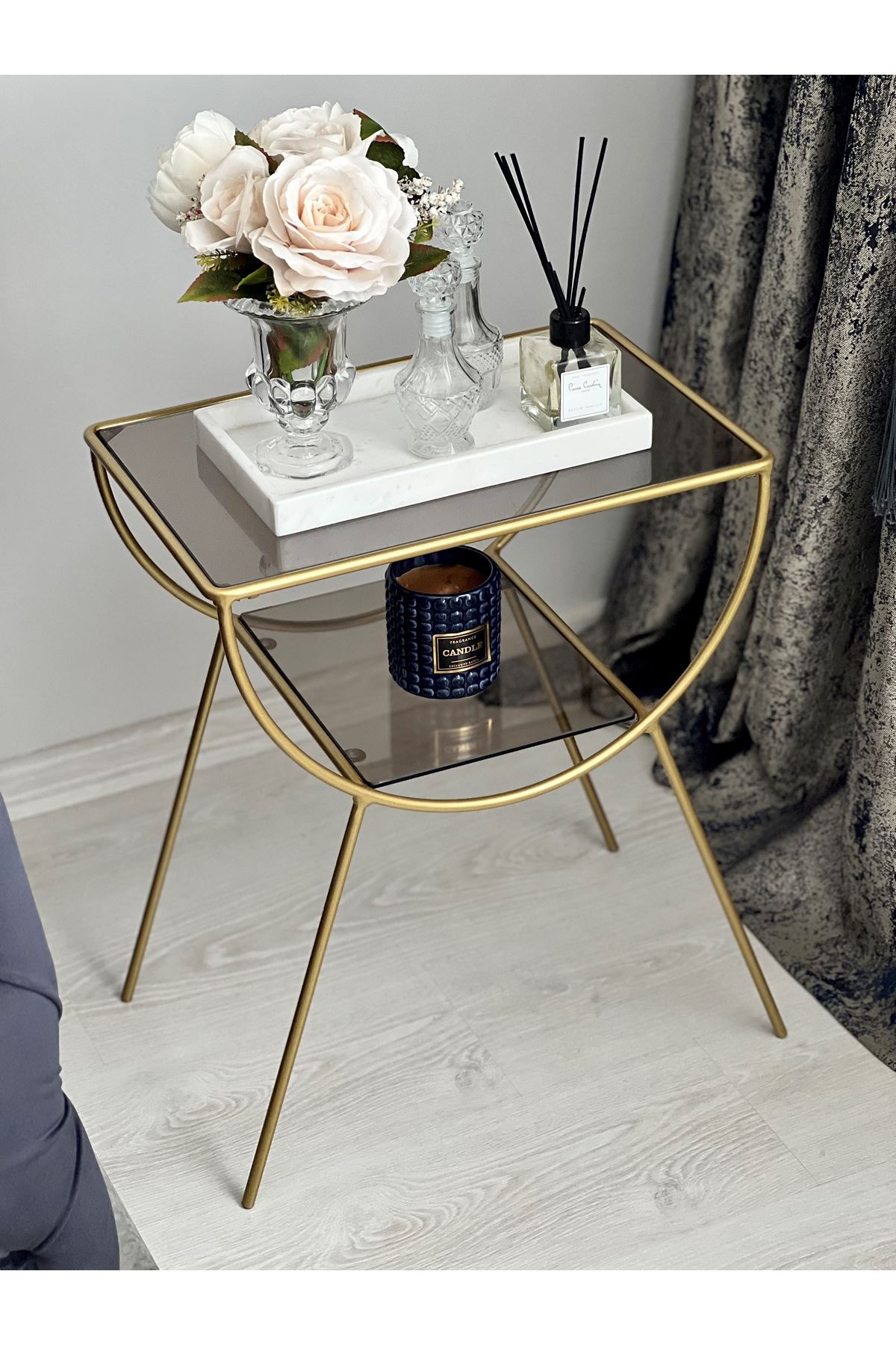 Pars Metal Camlı Yan Sehpa Gold-bronz