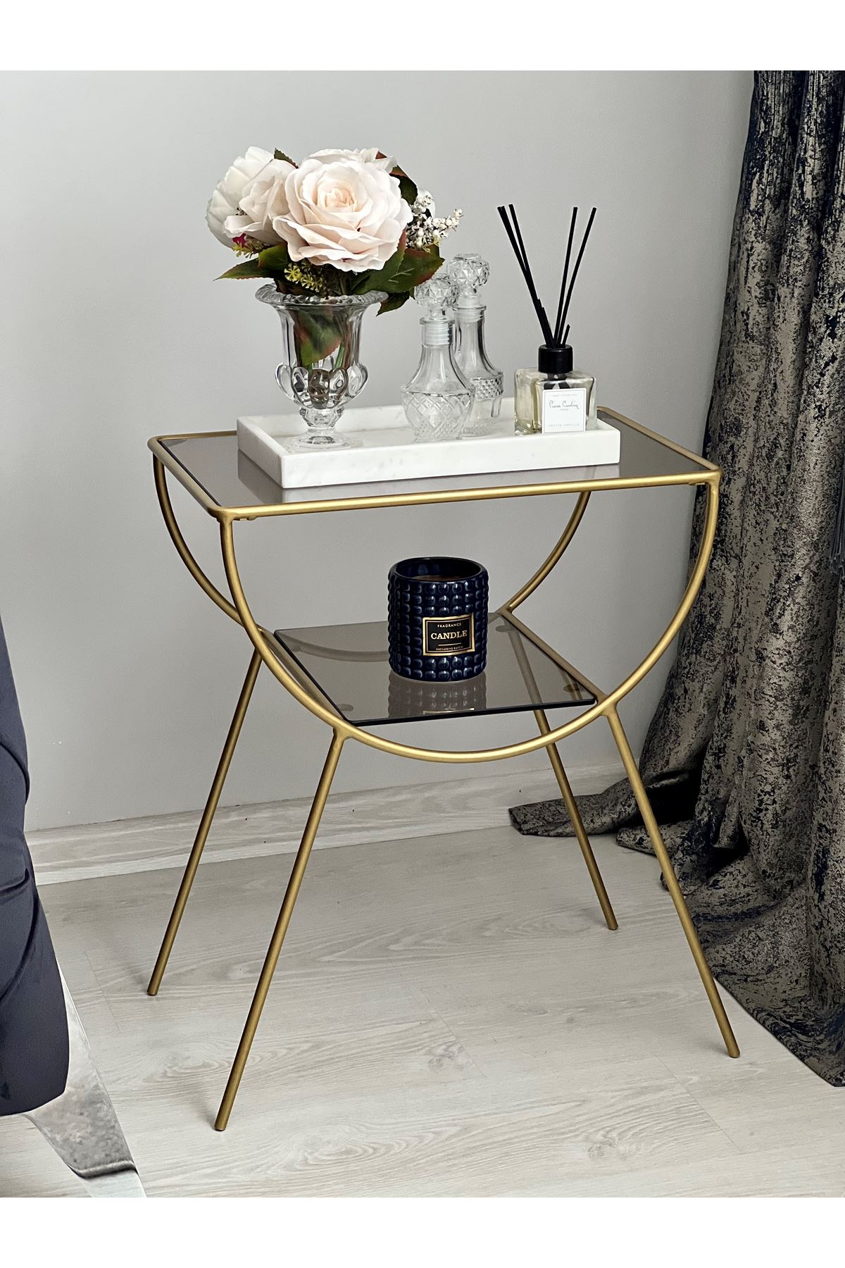 Pars Metal Camlı Yan Sehpa Gold-bronz