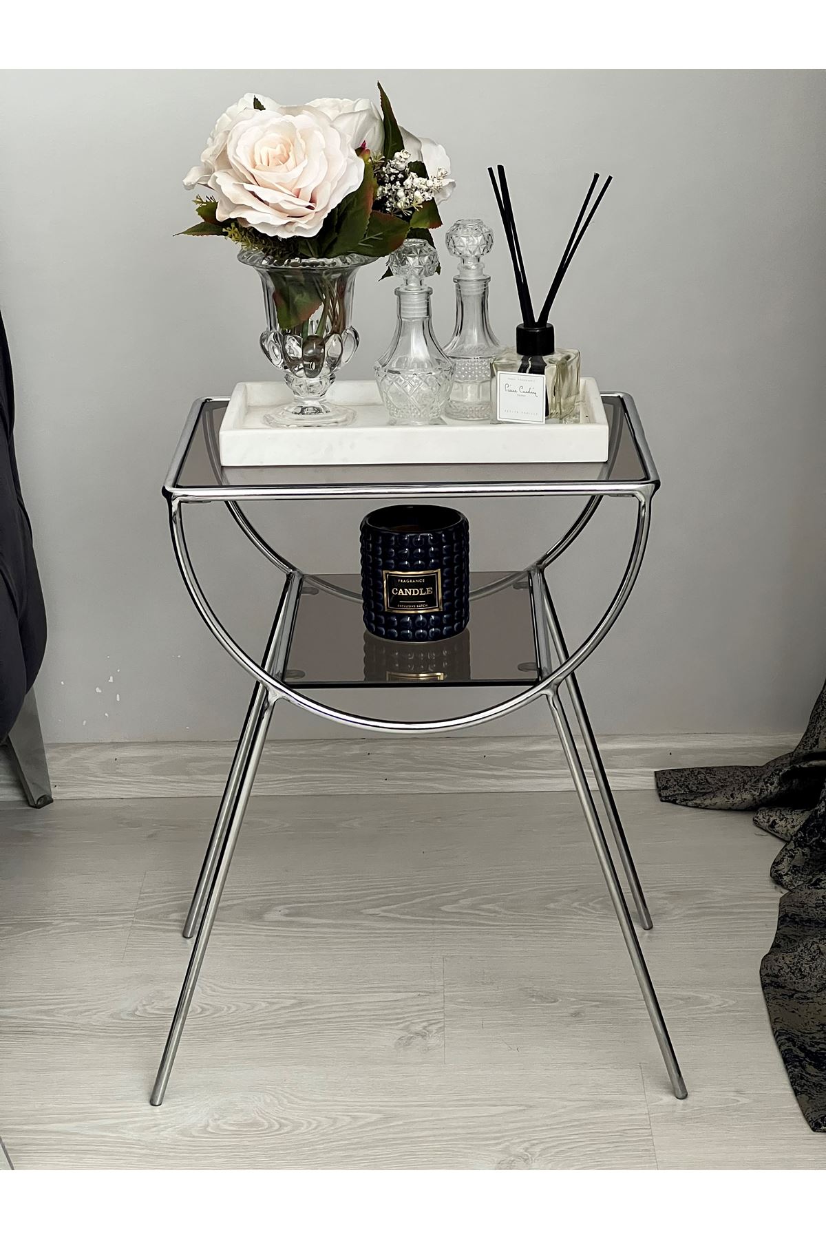 Pars Metal Camlı Yan Sehpa Gümüş-Bronz