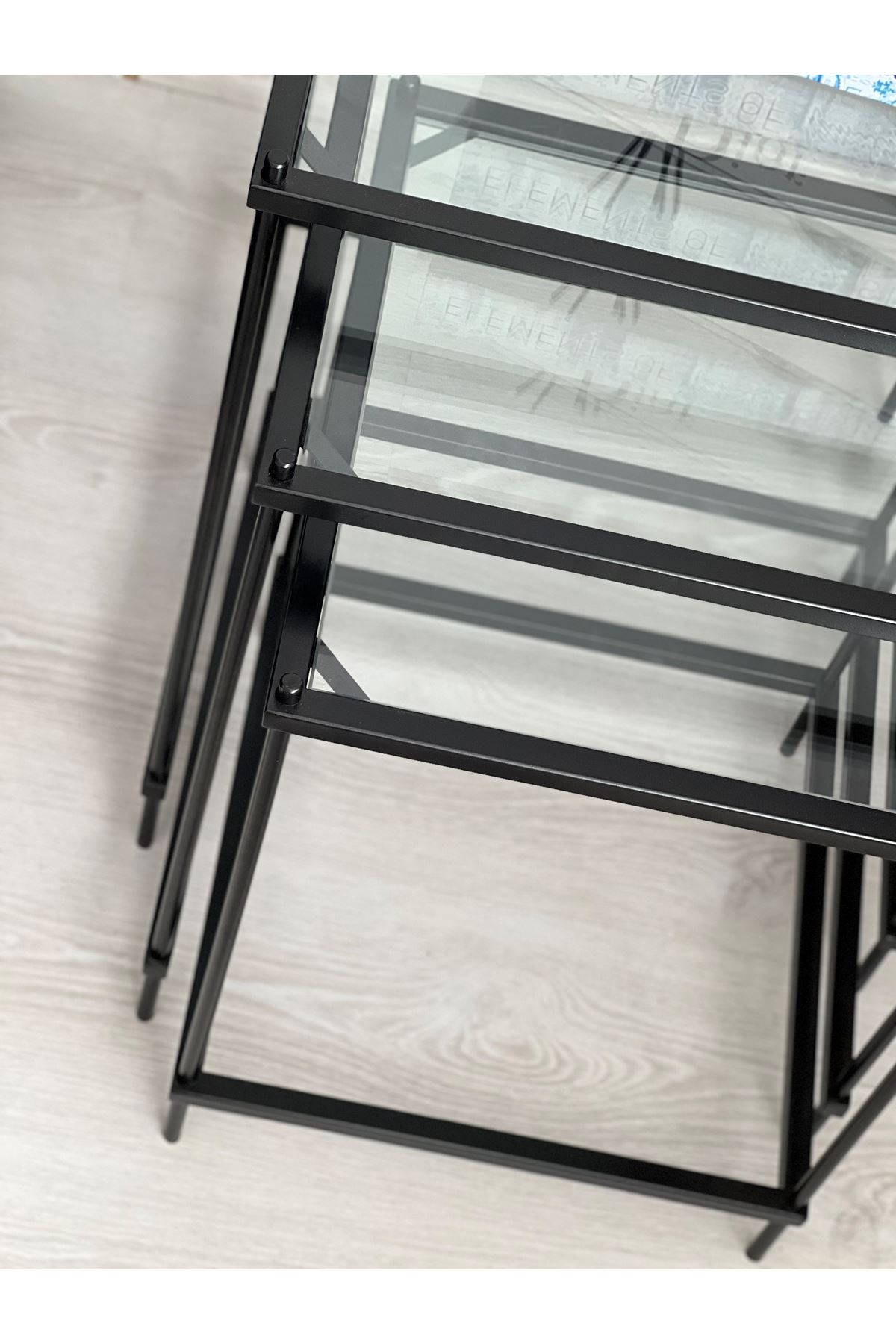 Brad 3'lü Metal Camlı Zigon Yan Sehpa Siyah-şeffaf