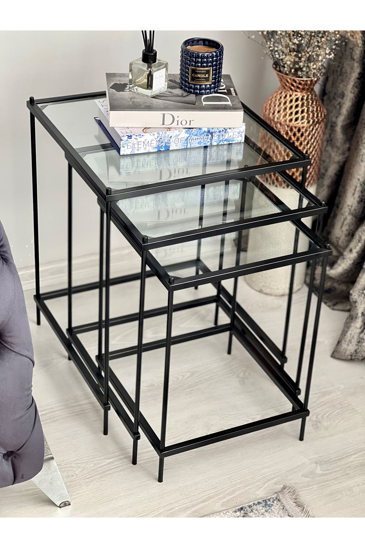 Brad 3'lü Metal Camlı Zigon Yan Sehpa Siyah-şeffaf