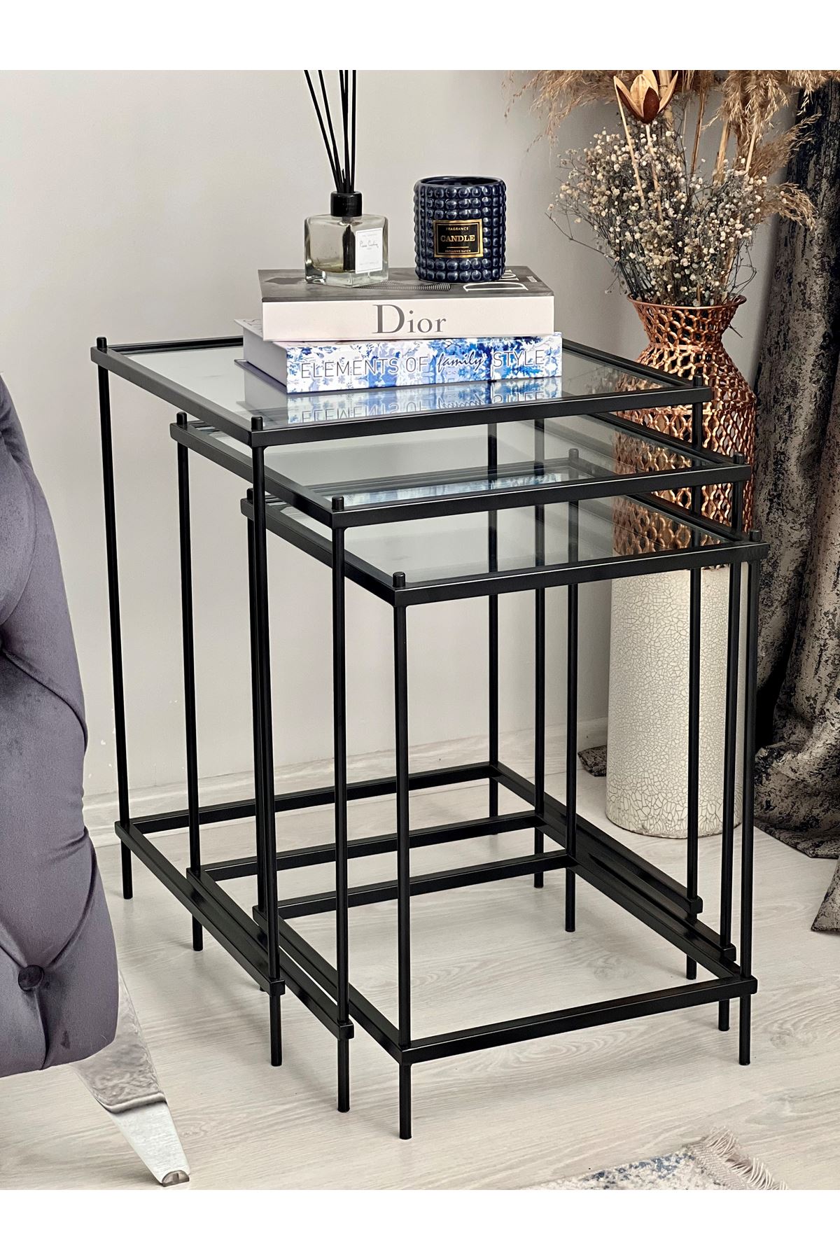 Brad 3'lü Metal Camlı Zigon Yan Sehpa Siyah-şeffaf