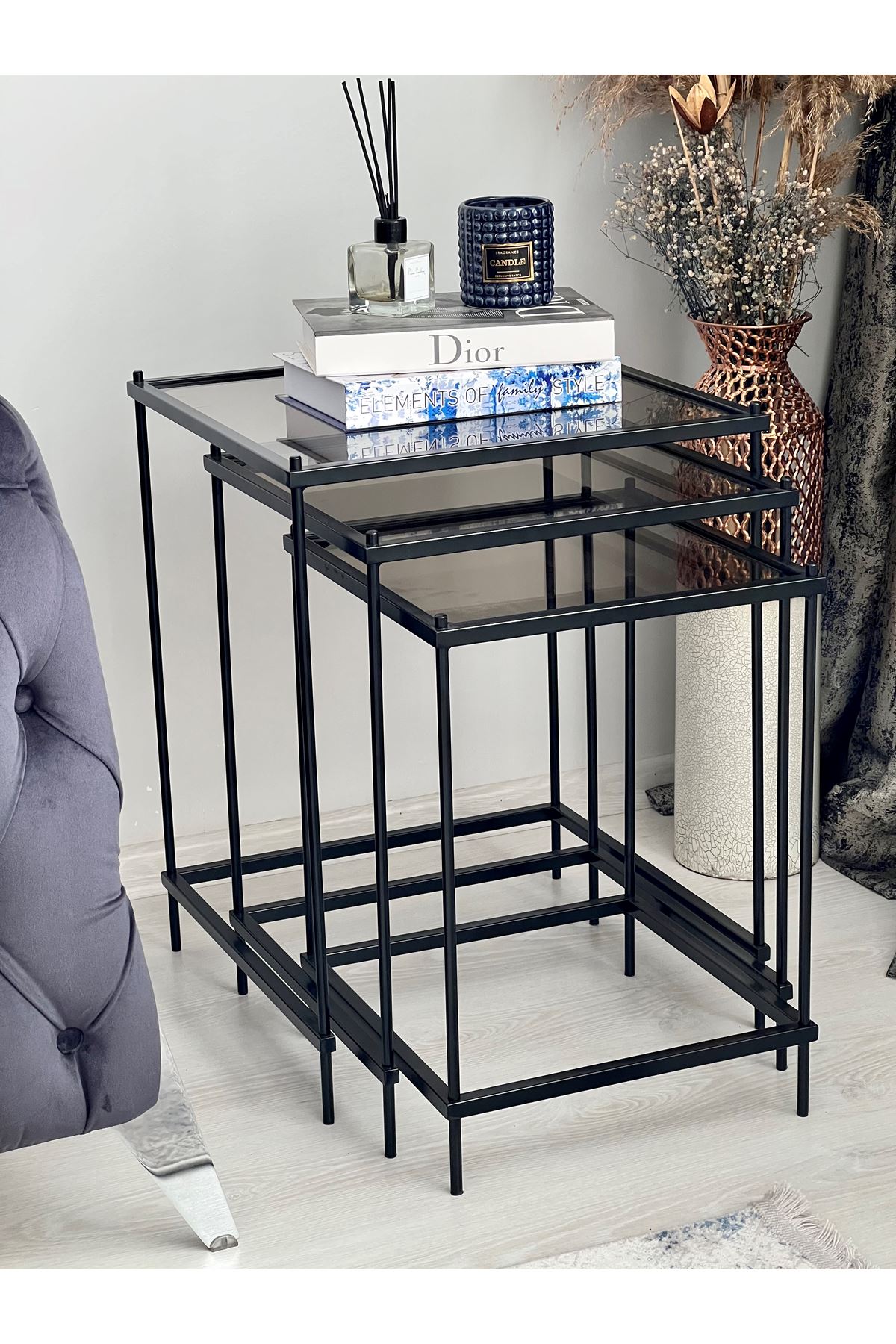 Brad 3'lü Metal Zigon Yan Sehpa Siyah-bronz