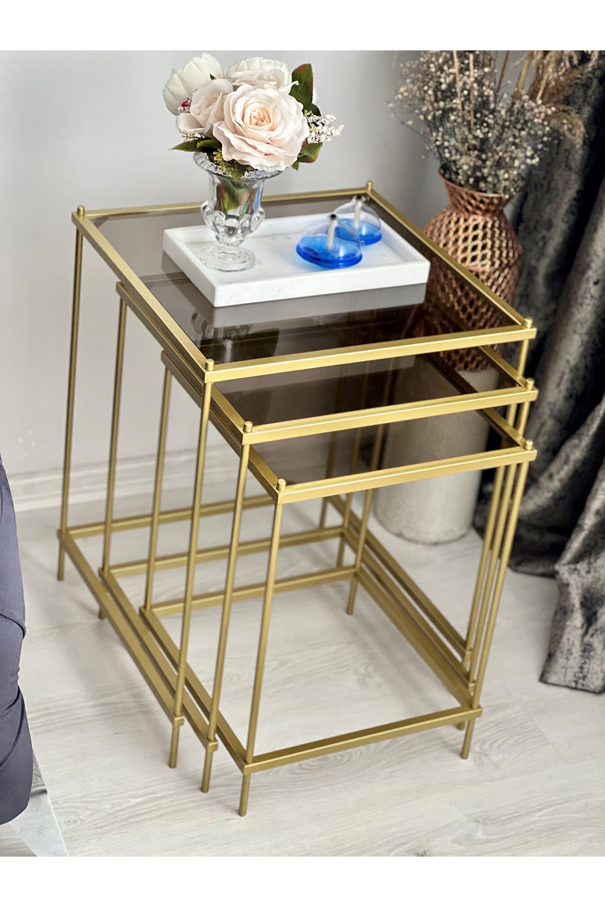 Brad 3'lü Metal Zigon Yan Sehpa Salon, Sehpa Yatak Odası.