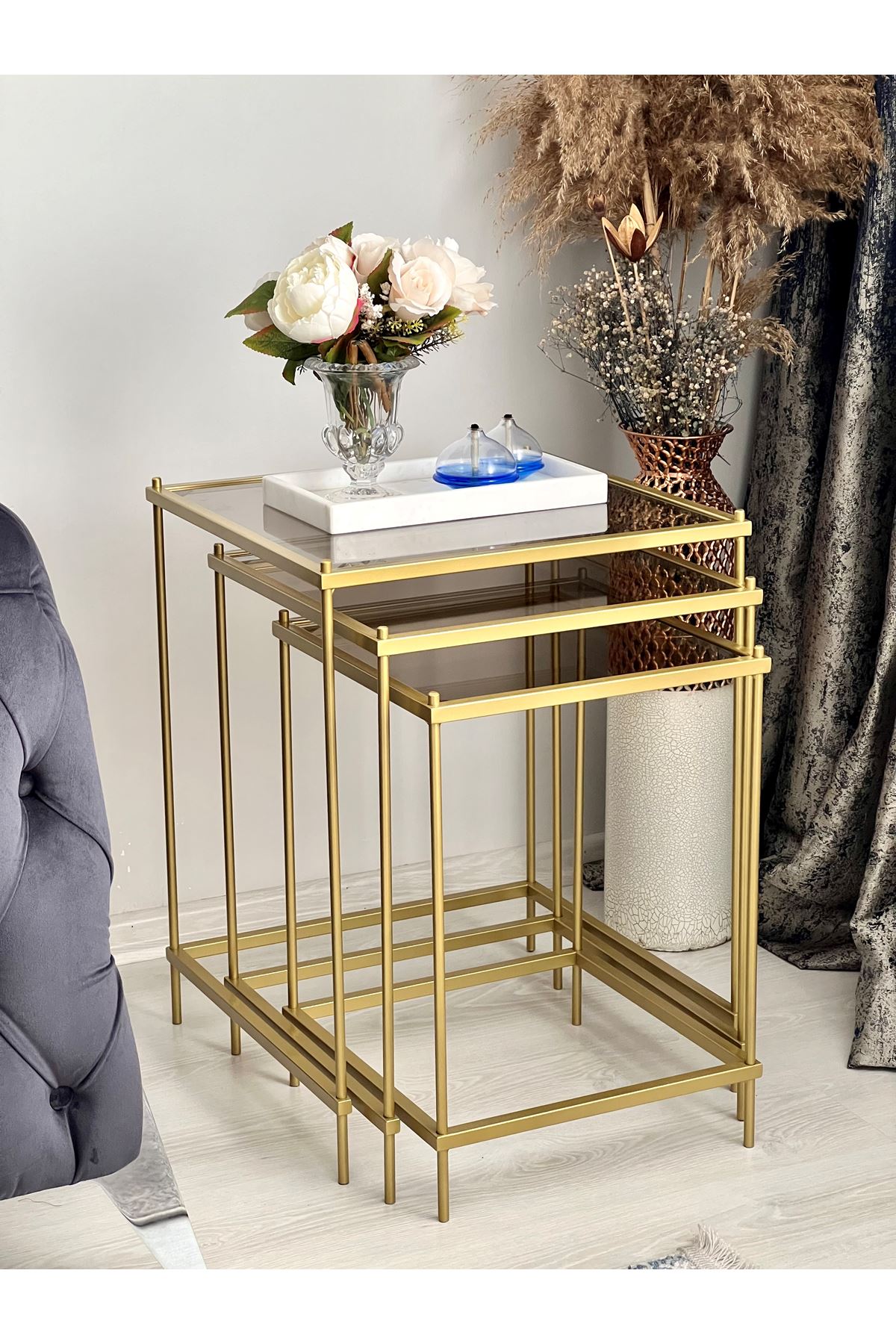 Brad 3'lü Metal Zigon Yan Sehpa Salon, Sehpa Yatak Odası.