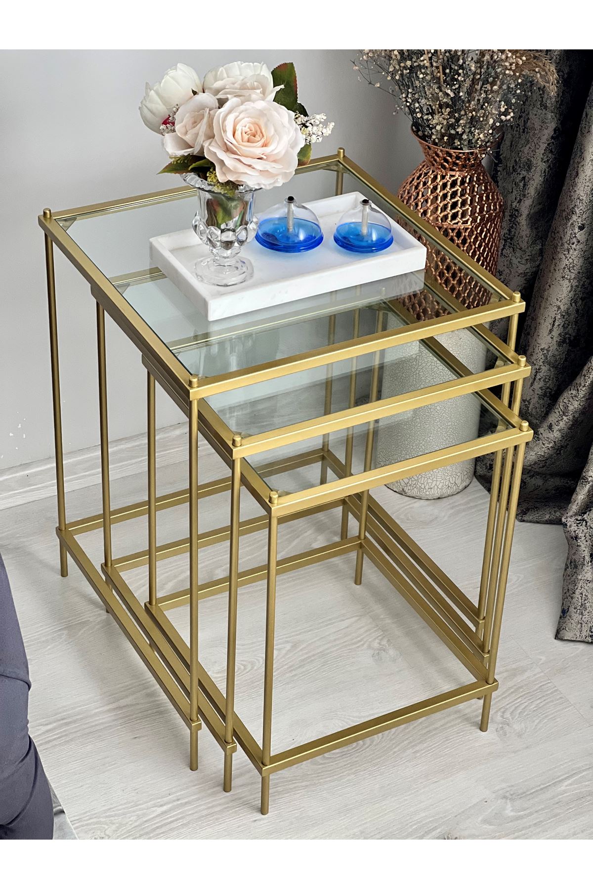 Brad 3'lü Metal Camlı Zigon Yan Sehpa Gold-şeffaf