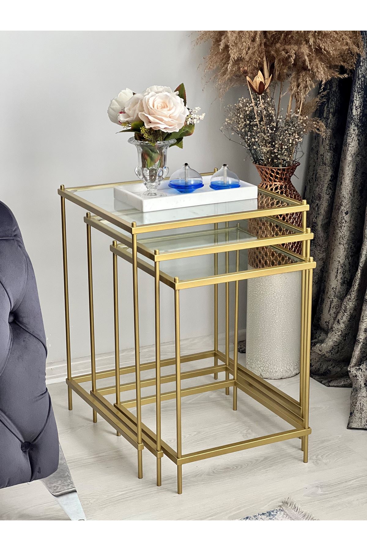 Brad 3'lü Metal Camlı Zigon Yan Sehpa Gold-şeffaf