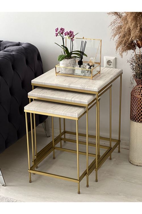 Brad Gold Metal Eskitme Beyaz Kaplama Zigon Sehpa