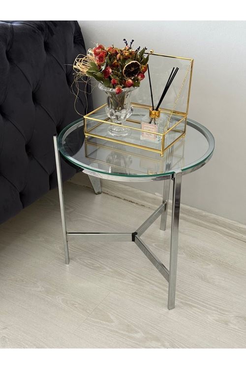 Metal Camlı Yan Sehpa Gümüş - Şeffaf