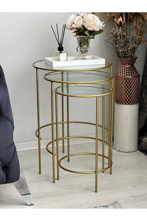 Mars 3'lü Yuvarlak Metal Zigon Yan Sehpa Gold-şeffaf