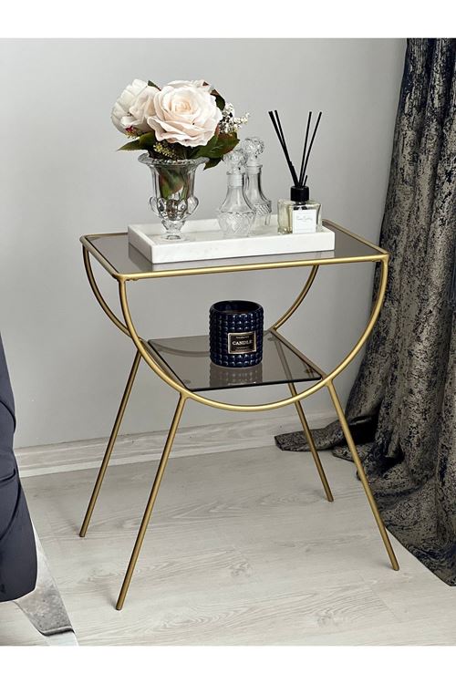 Pars Metal Camlı Yan Sehpa Gold-bronz
