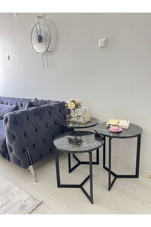 Asya 3'lü Metal Zigon Sehpa Siyah Mermer Desen