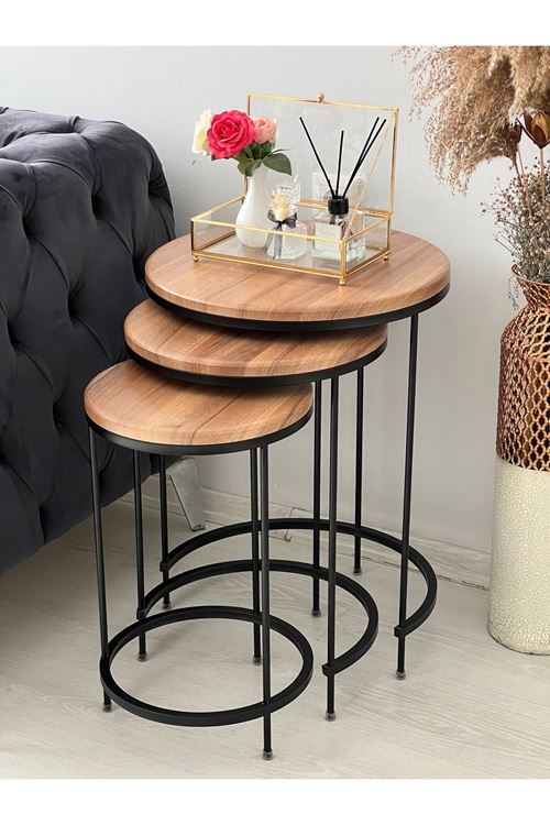 Aybars Siyah Metal Ceviz Kaplama Zigon Sehpa