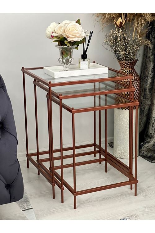 Brad 3'lü Metal Zigon Yan Sehpa Bakır-şeffaf