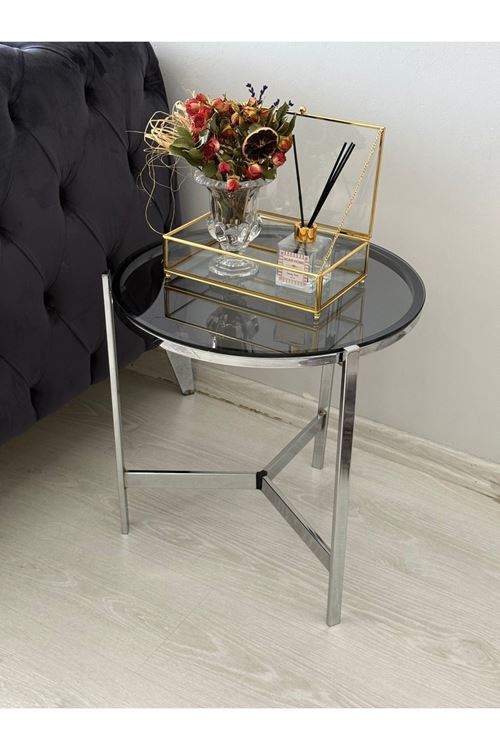 Metal Camlı Yan Sehpa Gümüş - Füme