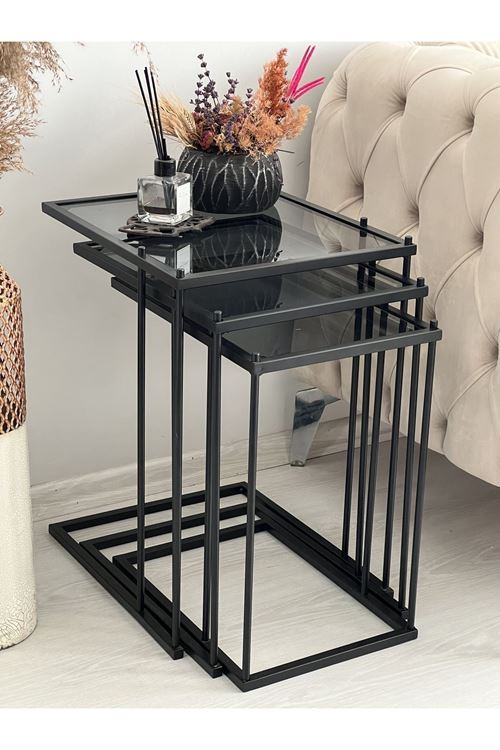 Brad 3'lü Metal Zigon C Sehpa Siyah-Füme