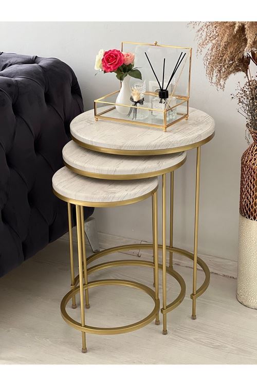 Aybars Gold Metal Eskitme Beyaz Kaplama Zigon Sehpa