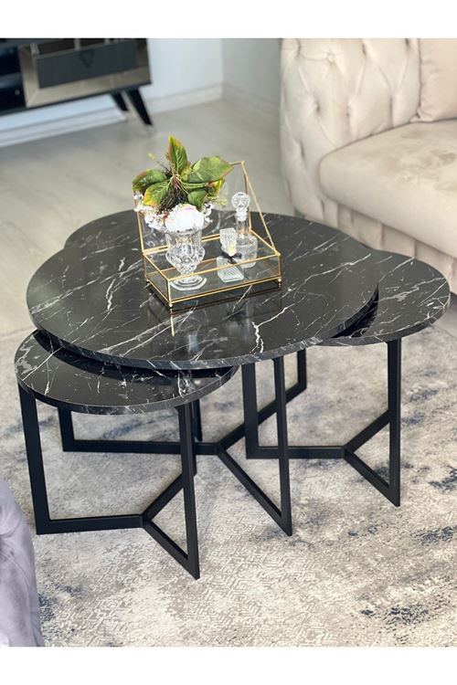 Asya Metal Orta Sehpa ve Zigon Sehpa Seti Siyah Mermer Desen