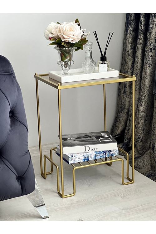 Lotus Metal Camlı Yan Sehpa Gold-bronz