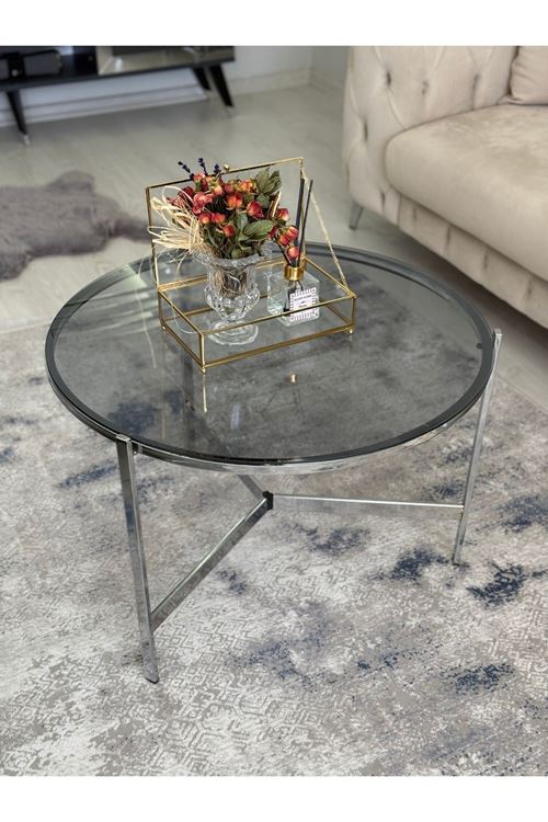 Asya Metal Camlı Orta Sehpa Gümüş - Füme