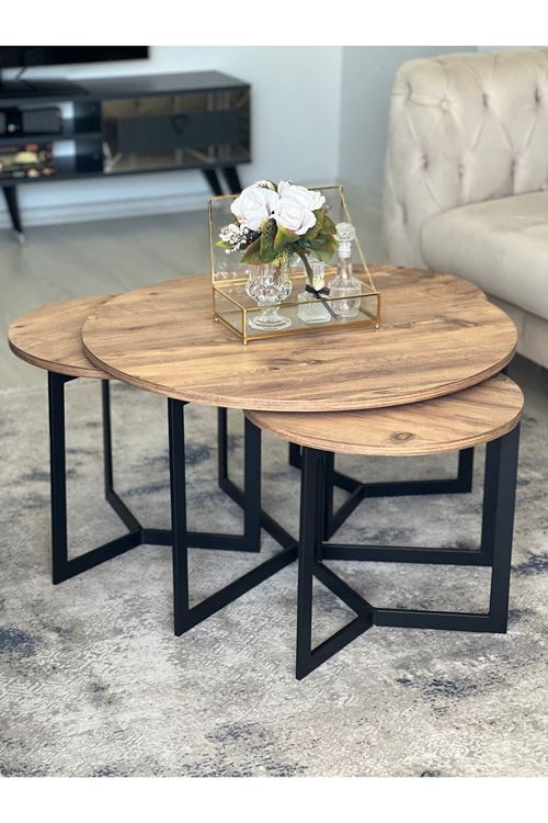 Asya Metal Orta Sehpa ve Zigon Sehpa Seti Ceviz