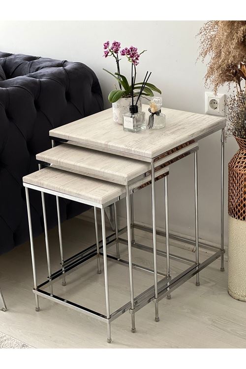 Brad Gümüş Metal Eskitme Beyaz Kaplama Zigon sehpa