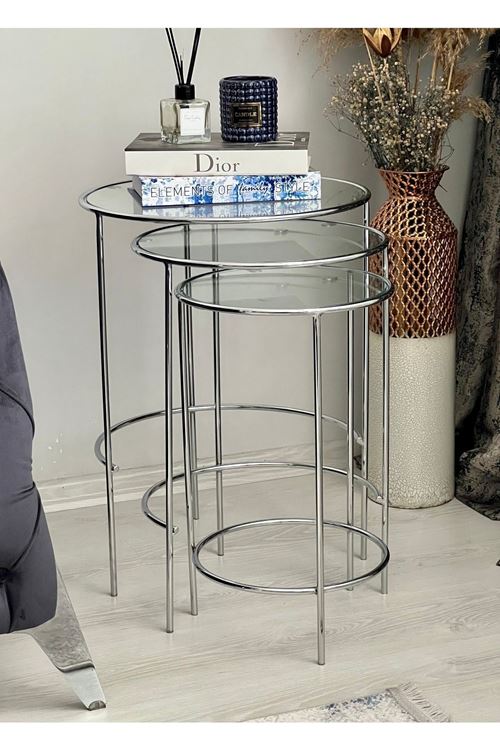 Mars 3'lü Yuvarlak Metal Zigon Yan Sehpa Gümüş-şeffaf