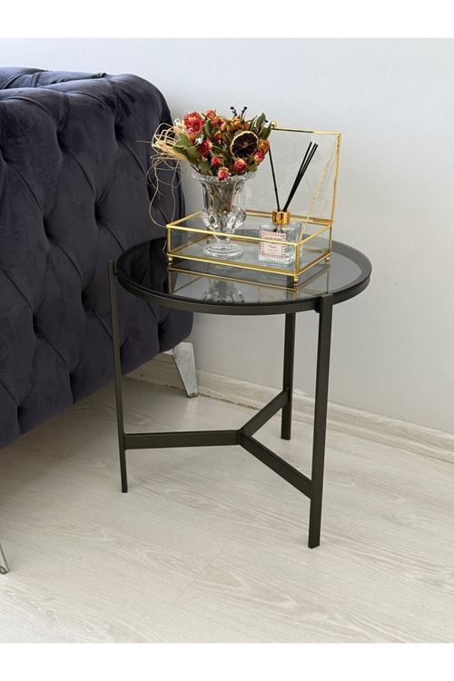 Metal Camlı Yan Sehpa Siyah - Füme