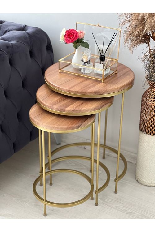 Aybars Gold Metal Eskitme Ceviz Zigon Sehpa