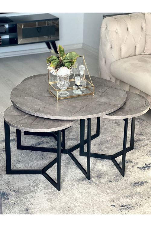 Asya Metal Orta Sehpa ve Zigon Sehpa Seti Antrasit Mermer Desen