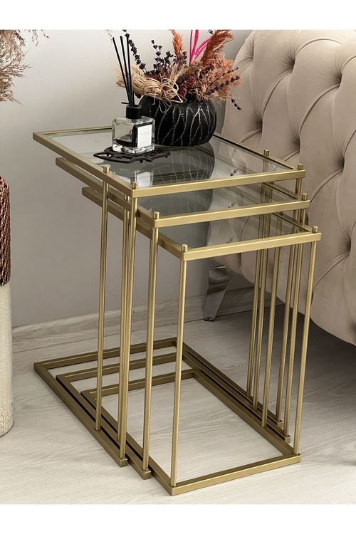Brad 3'lü Metal Zigon C Sehpa Gold-Şeffaf