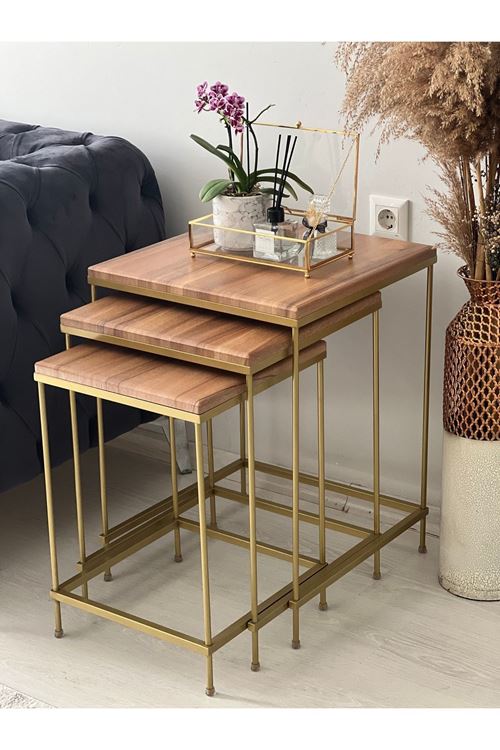 Brad Gold Metal Ceviz Kaplama Zigon Sehpa