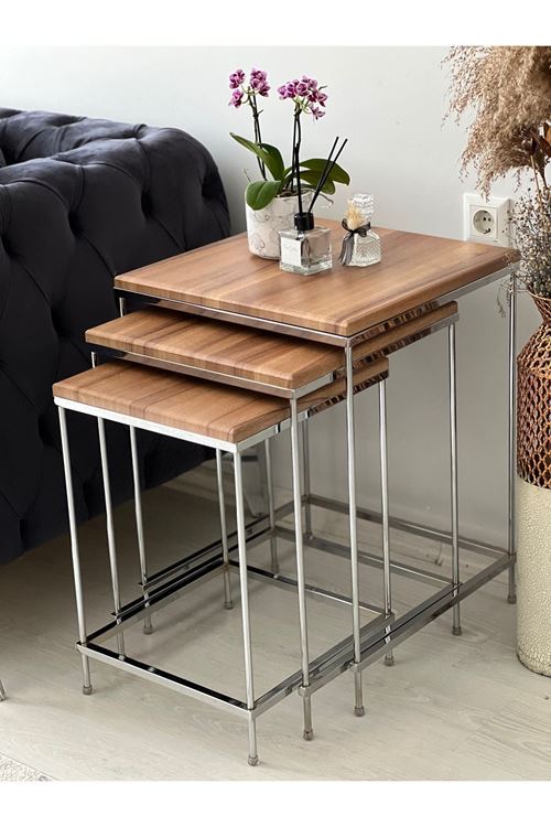 Brad Gümüş Metal Ceviz Kaplama Zigon sehpa