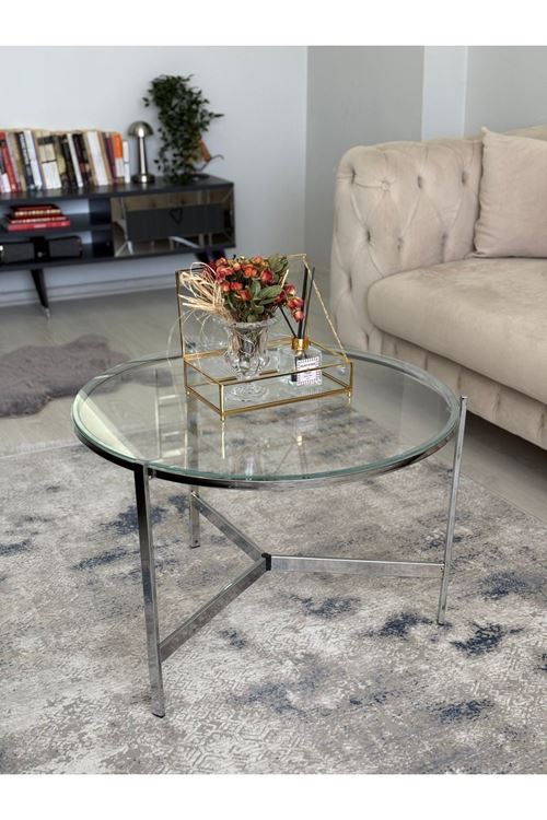 Asya Metal Camlı Orta Sehpa Gümüş - Şeffaf