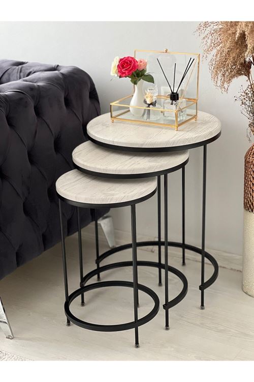 Aybars Siyah Metal Eskitme Beyaz Kaplama Zigon Sehpa