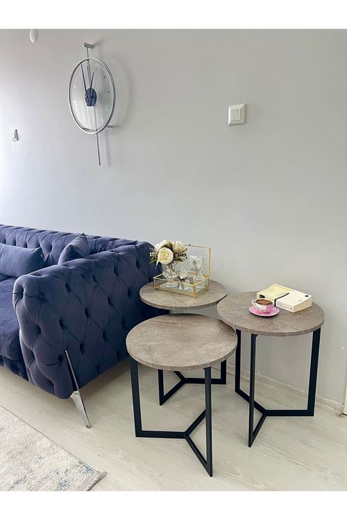 Asya 3'lü Metal Zigon Sehpa Antrasit Mermer Desen