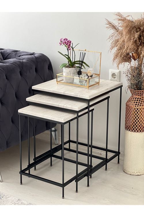 Brad Siyah Metal Eskitme Beyaz Kaplama Zigon sehpa