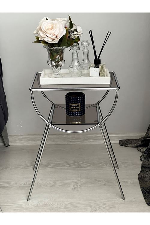 Pars Metal Camlı Yan Sehpa Gümüş-Bronz